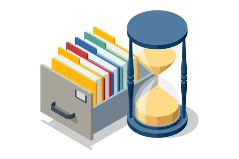 Isometric archive drawer with folder and hourglass. Document storage and time Illustrazione stock