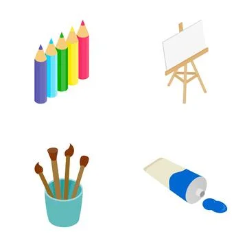 Isometric art school tools and creative supplies Stock Illustration