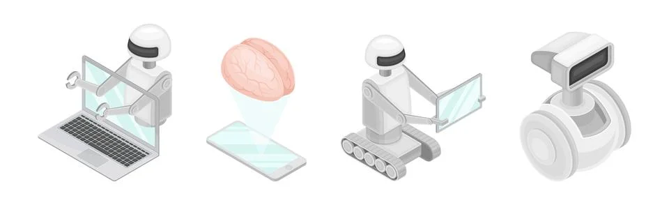 Isometric Artificial Intelligence and Robot Technology Vector Set Stock Illustration
