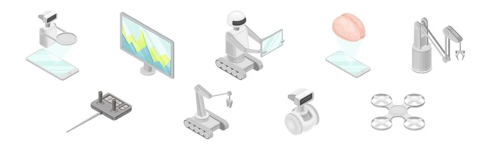 Isometric Artificial Intelligence and Robot Technology Vector Set Illustrazione stock