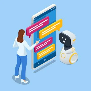Isometric artificial intelligence. Chat bot and future marketing. AI and Stock Illustration