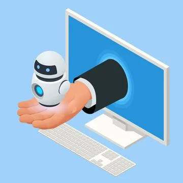 Isometric artificial intelligence. Chat bot and future marketing. AI and Stockillustratie