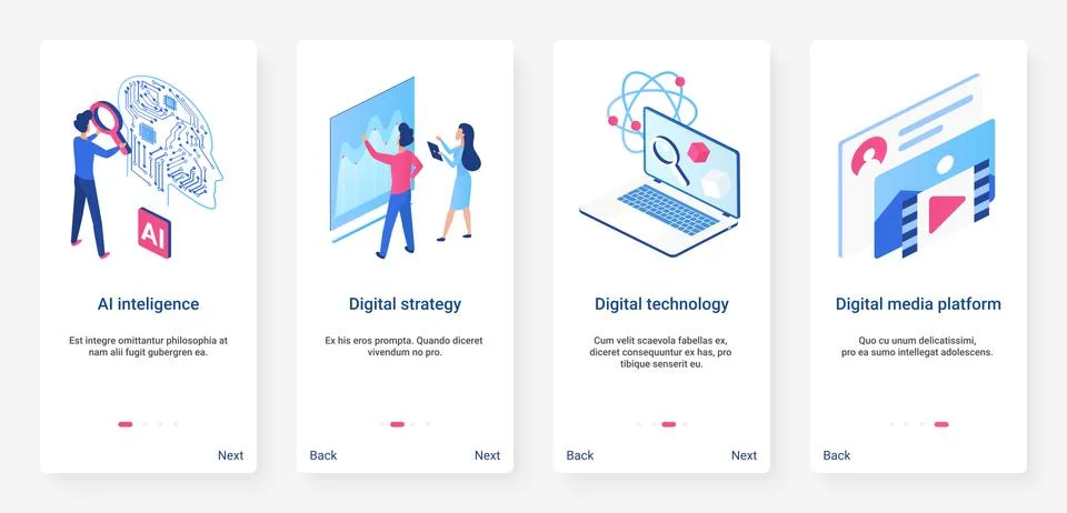 Isometric artificial intelligence concept UX, UI onboarding mobile app page Stock Illustration