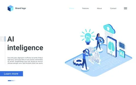 Isometric artificial intelligence landing page, cartoon engineers learning robot Stock Illustration