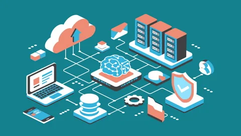 Isometric Artificial intelligence network cloud storage servers security Stock Footage 341548488