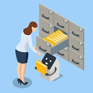 Isometric artificial intelligence robot helps in working with the database 스톡 일러스트