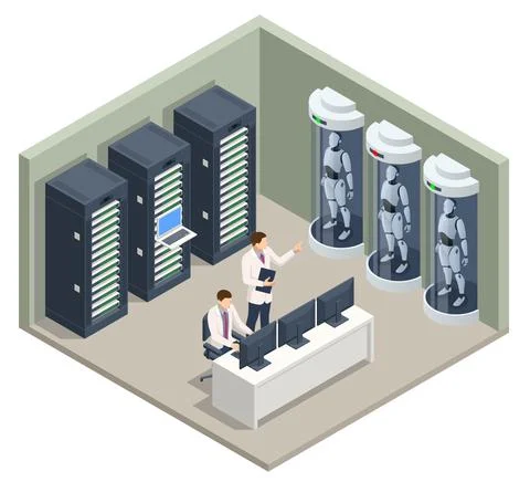 Isometric artificial intelligence in robots. Technology and engineering Illustrazione stock