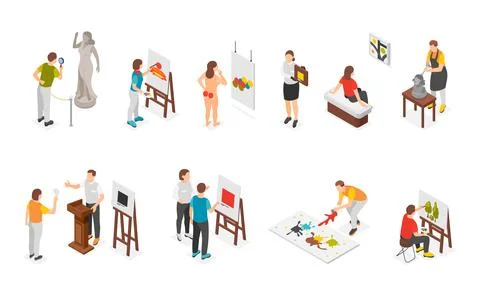 Isometric artists. Creative process, artist painting and show picture. Art Illustrazione stock