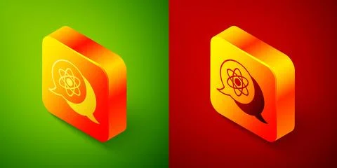 Isometric Atom icon isolated on green and red background. Symbol of science.. 스톡 일러스트