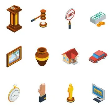 Isometric Auction Icon Set Ilustración de archivo