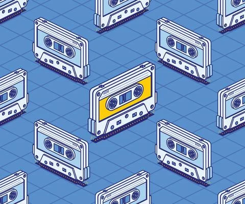 Isometric Audio Cassette Tape Seamless Pattern. Outline Music Concept. Illustrazione stock