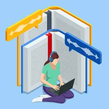 Isometric Audiobooks concept. Listening to e-books in audio format. Books online Stock Illustration