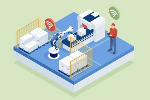 Isometric Automated Packaging and Distribution System. Automated warehouse Stock Illustration