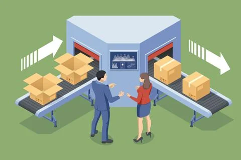 Isometric Automated Packaging and Distribution System. Automated warehouse Stock Illustration