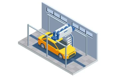 Isometric automatic car wash station. A yellow car is in an automatic car wash Stock Illustration