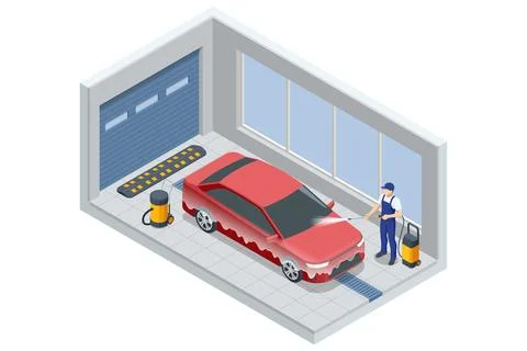Isometric automatic car wash station. A worker in blue overalls is washing a red Stock Illustration