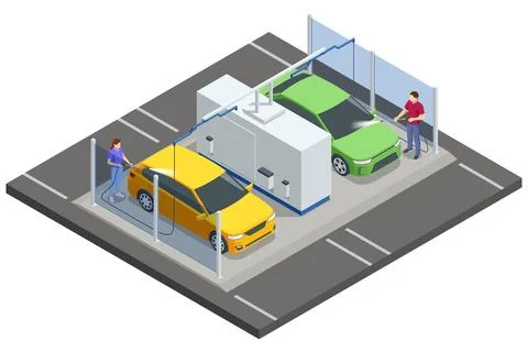 Isometric automatic car wash station. Two people are washing their cars at an Stock Illustration