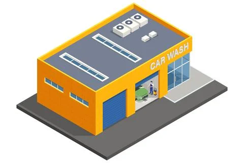 Isometric automatic car wash station. A worker in blue overalls is washing a red Stock Illustration