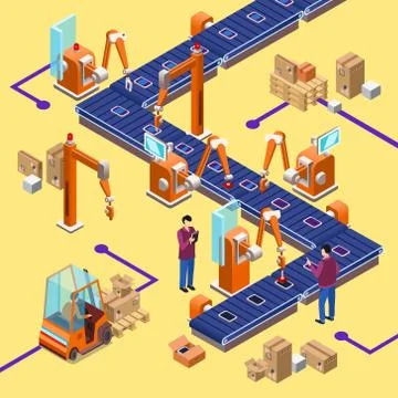 Isometric automatic robotic assembly line Stock Illustration