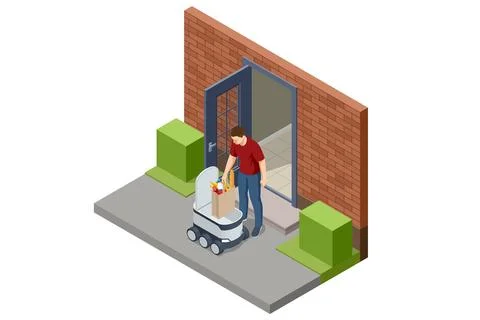 Isometric autonomous courier robot brings grocery bag to a doorway. Residential Stock Illustration