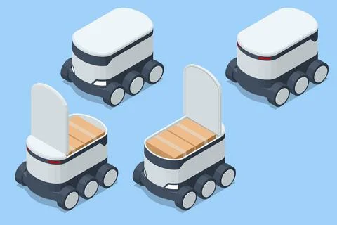 Isometric autonomous delivery robot shown in closed and open states with parcel Stock Illustration