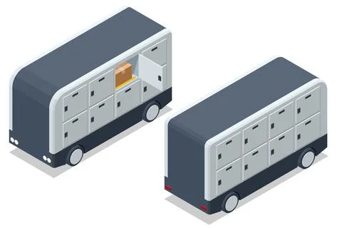Isometric autonomous delivery van with smart parcel locker compartments on the Illustrazione stock
