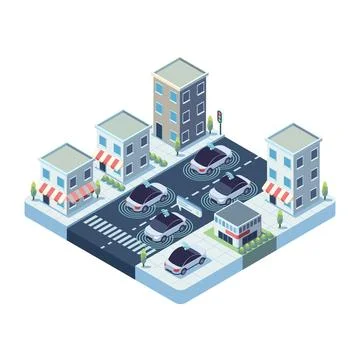 Isometric Autonomous Vehicles with Advanced Sensors in Smart City Stock Illustration