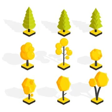 Isometric Autumn trees set. Low poly Vector illustration 库存插图