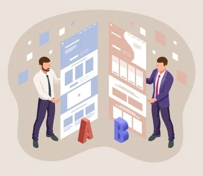 Isometric A/B testing, comparison concept. Split Testing web page comparing. Stock Illustration