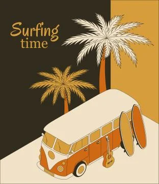 Isometric background with retro bus, two surfboards, guitar and palm trees Stock Illustration