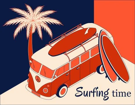 Isometric background with retro bus, two surfboards and palm tree. Surfing time Stock Illustration