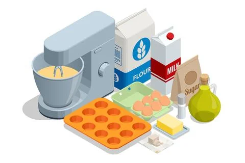 Isometric baking pastry cakes, muffins, tarts, with cooking baking ingredients Stock Illustration