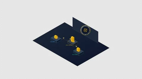 Isometric Bank Vault and Transaction Flow with coins moving between 4K Alpha Stock Footage 346357191