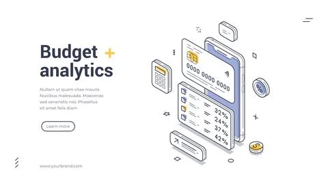 Isometric banner template for budget analytics and finance. Vector illustrati 스톡 일러스트