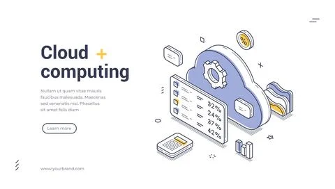Isometric banner template for cloud computing services. Vector illustration o Illustrazione stock