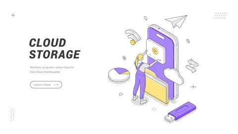 Isometric banner template for cloud storage service. Vector illustration of d 스톡 일러스트