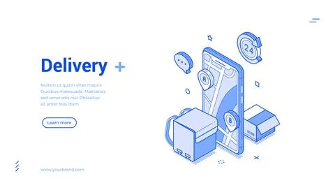 Isometric banner template for a courier delivery service. Mobile app for fast Stock Illustration