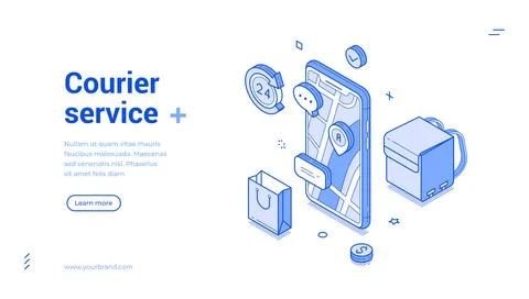 Isometric banner template for a courier delivery service. Smartphone with a m Stock Illustration
