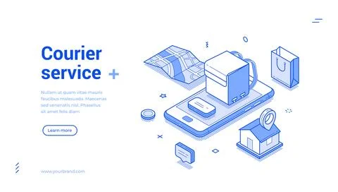 Isometric banner template for a courier service. Mobile app for online orderi Stock Illustration