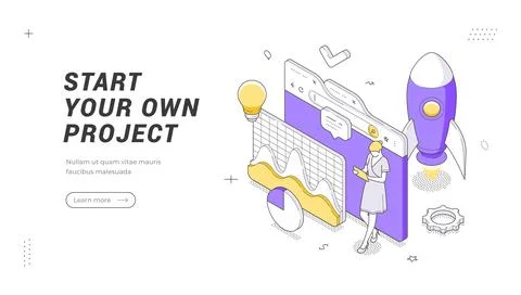 Isometric banner template for a creative business startup. Vector illustratio Stock Illustration