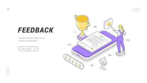 Isometric banner template for customer feedback and service review. Vector il Stock Illustration