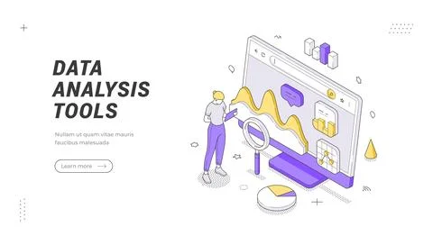 Isometric banner template for data analysis tools. Vector illustration of fin Stock Illustration