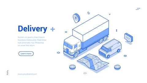 Isometric banner template for a delivery and logistics company. Cargo truck a Stock Illustration
