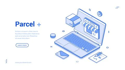 Isometric banner template for e-commerce and online shopping. Laptop with a s Stock Illustration