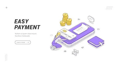 Isometric banner template for easy mobile payment. Vector illustration of onl Illustrazione stock