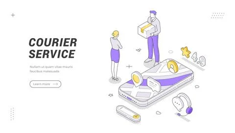 Isometric banner template for a fast courier service and package delivery. Ve Stock Illustration