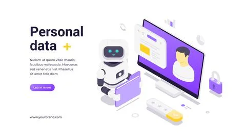 Isometric banner template featuring robot holding a folder in front of comput 库存插图