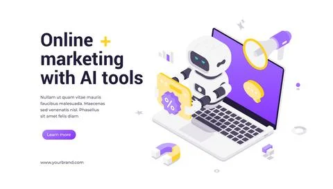 Isometric banner template featuring robot holding a digital panel in front of Stock-Illustration