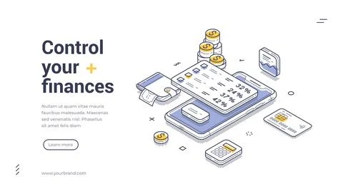 Isometric banner template for finance control and budget planning. Vector ill Ilustración de archivo