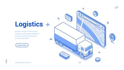 Isometric banner template for a logistics service. Truck for cargo shipping w Ilustração Stock